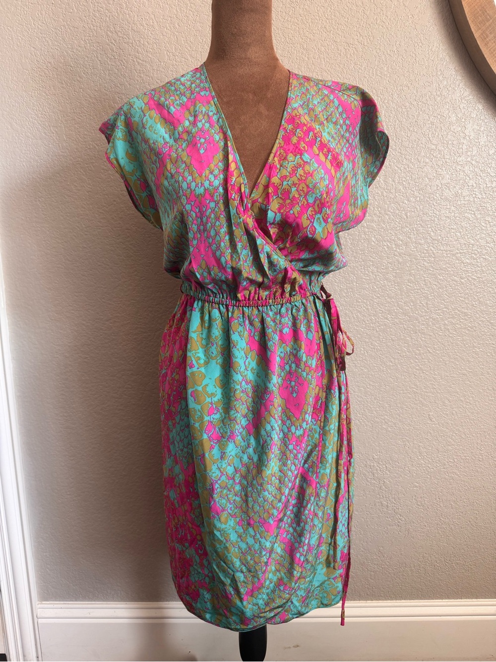 Presley Skye 100% Silk Snakeskin Print Wrap Dress XS Pink Turquoise Olive